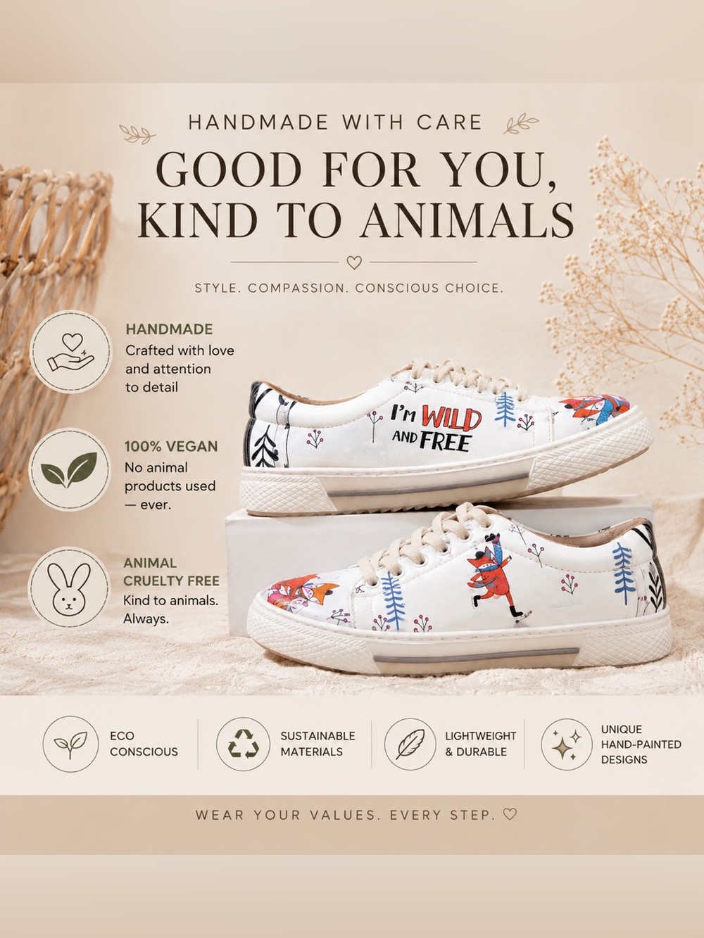 Mumka “I’m Wild & Free” Fox Print Sneakers – Whimsical Vegan/animal cruelty free
